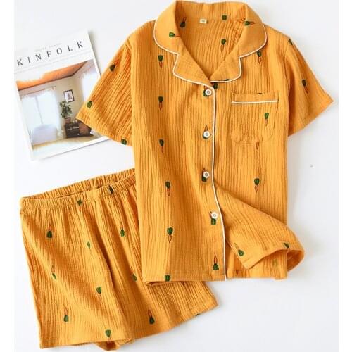 Double Layer Cotton Gauze Crepe Short Sleeve Shorts Pajamas for Women Plus Size Pyjamas Cartoon Printing Sleepwear Home Clothes
