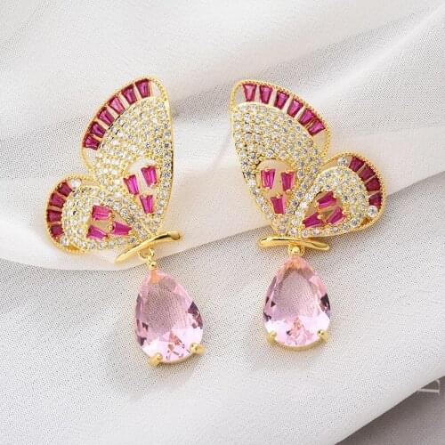 Pink Crystal Butterfly Drop Earrings For Girl Sweet Insect Dangle Jewelry Gold Colorful Plating Fashion Brand Stud Earings