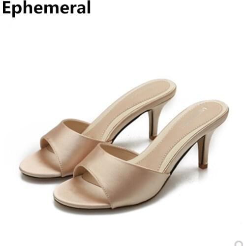 Females Silk Stain Slides Med High Heel Peep Toe Slippers Plus Size Shoes For Party Nigh Club Red Champagne 43 33 Black Fashion