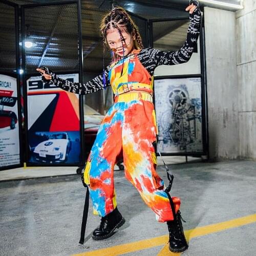 New Children Jazz Dance Costumes Girls Handsome Hip Hop Tie-Dye Pants Black Long Sleeve Tops Kids Street Dance Clothes DQL4939