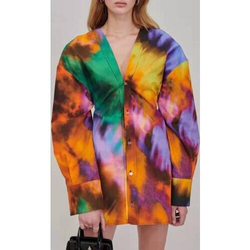 Street Fashion Tie Dye Printing V-Neck Slim Mini Sexy Dress Retro Long-Sleeved Cardigan Dresses Clothing 2021 Summer New Style
