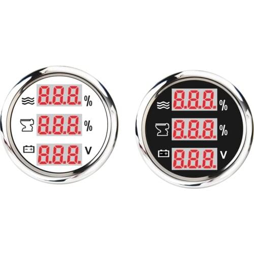 Universal 52mm 3 in 1 Multi-Function Digital Gauge Water Level Waste Holding Tank Indicator Voltmeter with Alarm