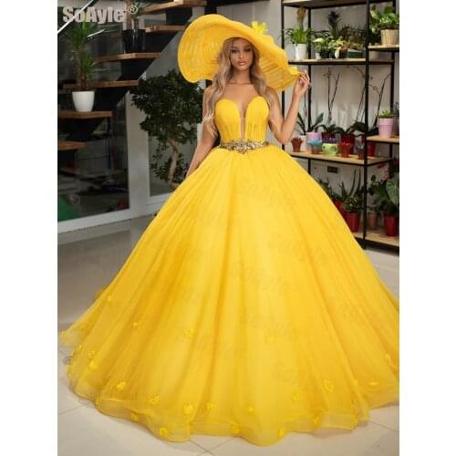 SoAyle Evening Dress Plus Size Sweet Ball Gown with Delicate Pleats Sleeveless Yellow Evening Dress 2020 Sweetheart Formal dress