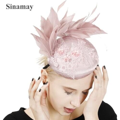 Satin Wedding Fascinatos Womens Elegant Purple Headwear With Quill Church Hair Accessories Bride Mesh Fedora Hats High Quality