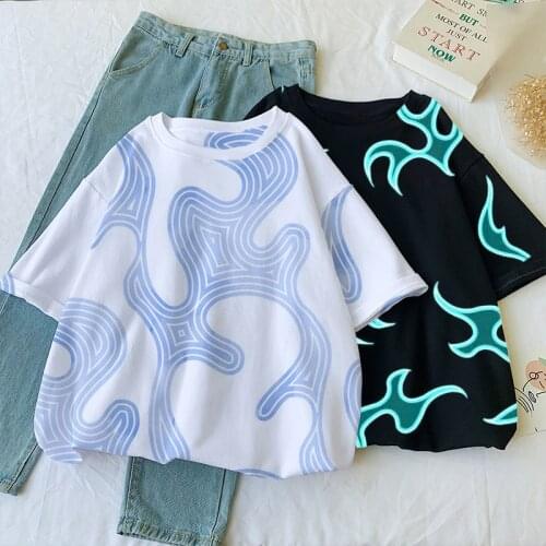 3D Womens Fashion Gothic Flame Print Harajuku Summer Streetwear Tops Womens Oversized Short Sleeve Couple T-shirts