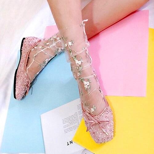 2 Colors Womens Candy Color Embroidery Flowers Socks Lolita Ladies Girls Transparent Lace Mesh Floral Socks Hosiery Gauze Sox