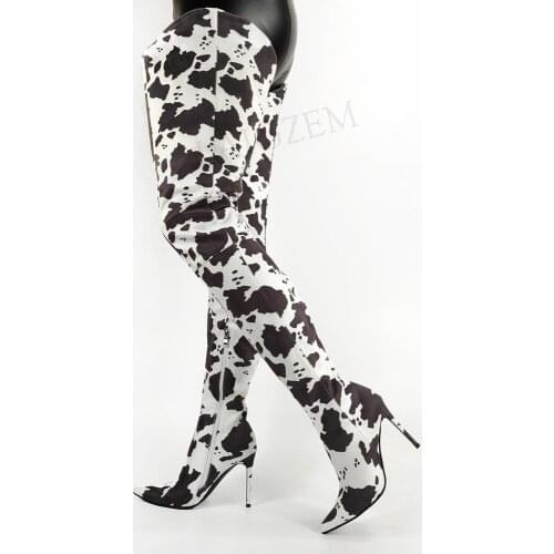 LAIGZEM Women Thigh High Boots Cow Print Faux Suede V Cut Heeled Boots Side Zip Party Unisex Shoes Woman Large Size 43 45 46 47
