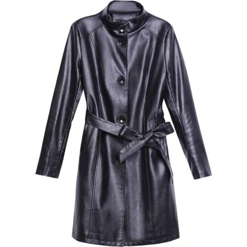 New genuine Leather Girls Long 2020 Autumn Self-cultivation Stand Lead Code Suit-dress Skin Windbreaker Loose Freeshipping