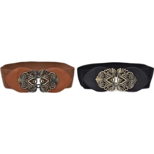 2x Womens Retro Flower Elastic Stretch Buckle Wide Waist Belt Waistband (Black&Light Tan)