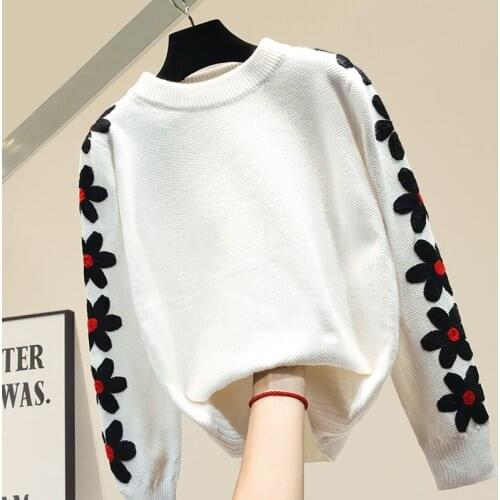 Long Sleeve Embroidered Flower Knitted Pullover Women Autumn Sweater 2020 New Lazy Wind Loose Black Sweaters Girls Student Tops