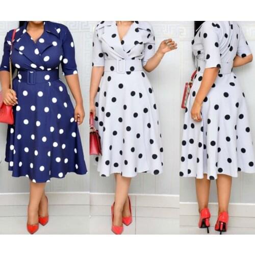 New Womens Explosion Style African Dress Suit Collar Dots large swing belt dress