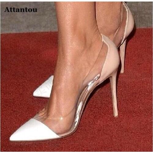 Attantou Side Transparent beautiful Women Shoes Ladies Sexy High Heels Pointed Toe Thin Heels Wedding Shoes Party Women Pumps