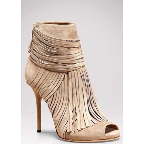 Awesome Beige Suede Fringe Thin High Heel Ankle Boots Women Classy Peep Toe Tassel Stiletto Heel Sandal Booties New Arrival