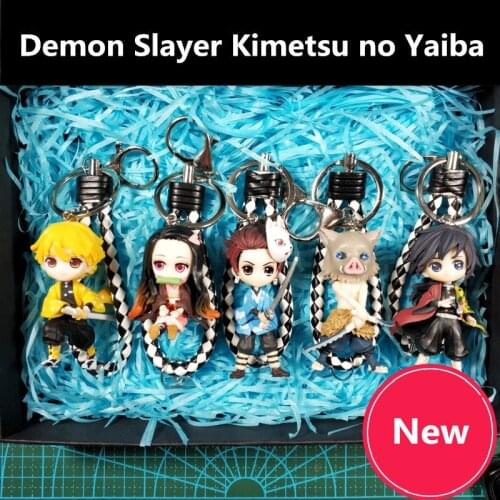 Demon Slayer Kimetsu no Yaiba Agatsuma Zenitsu Cosplay Props Kamado Tanjirou Pendant Keychain Doll Metal+PU Key Ring Key Chain