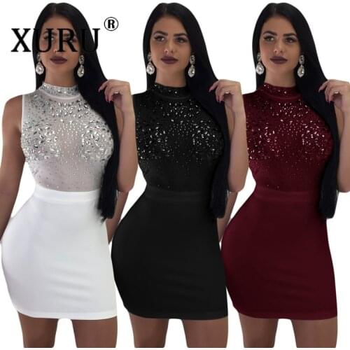 XURU European and American Sexy Womens Dress Hot Drilling Mesh Dress Club Party Dress