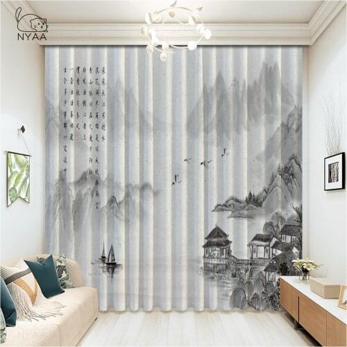 Mountains In Fog With Ink Courtin For Windows Cafe Living Room Luxury Curtains Decoration Home Curtain Accessories Micro Shading
