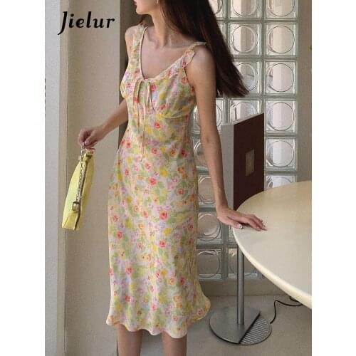 Jielur Retro Flora Camis Dresses for Women 2021 Summer New High Waist Thin Midi Dress Female V-neck Belt Sleeveless Women Dress