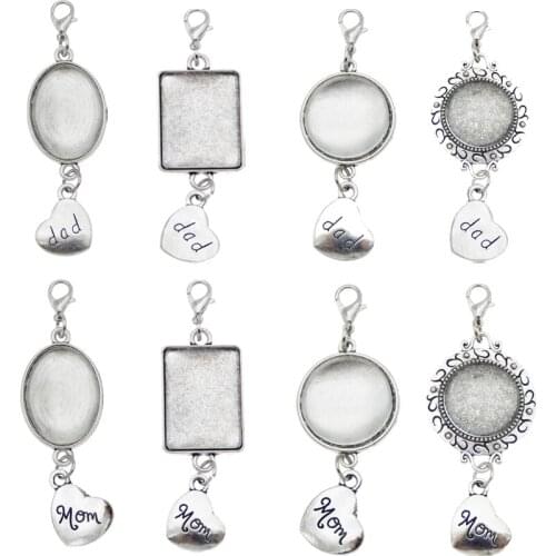 Julie Wang 1 Set Cabochon Setting+Glass Charm Blank Geometric Tray Photo Memorial Dad Mom Keychain Jewelry Making Accessory
