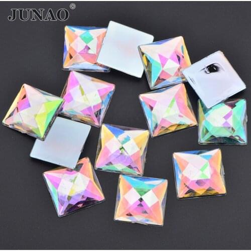 JUNAO 12mm 20mm Flatback Square Crystal AB Rhinestone Glue On Acrylic Stone Applique Non Hotfix Strass Crystal for DIY Crafts
