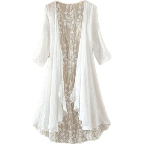 Kimono Cardigan Women Lace Summer Cardigan Embroidery Blouse Long Shirt Off White Camisa Feminina 2020 Boho Korean New PZ3102