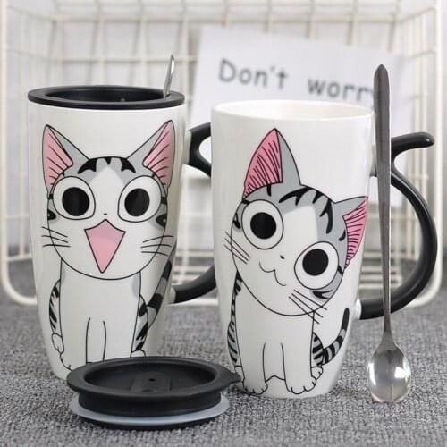 Ceramic Creative Cartoon Cat Mug With Lid and Spoon Milk Coffee Mug Porcelain Travel Tea Cup Large Capacity Drinkware Gifts