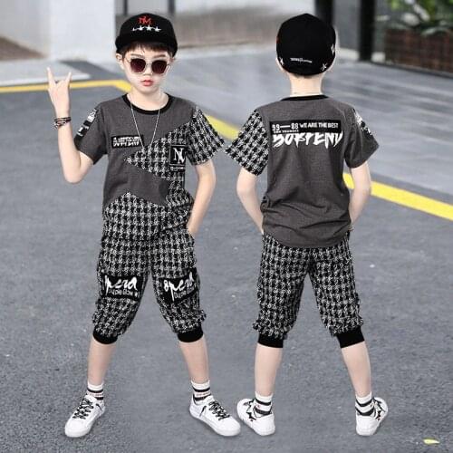 Summer New Big Boys Clothing Sets 4-10 Years Childrens Casual Fashion 2pcs Suits Print Plaid T-shirts Shorts Kids Teen Boys Set