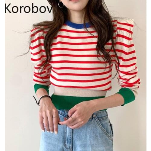 Korobov Korean Chic O Neck Women Sweaters Vintage Puff Sleeve Striped Sueter Mujer 2020 New Hit Color Patchwork Jumper Femme