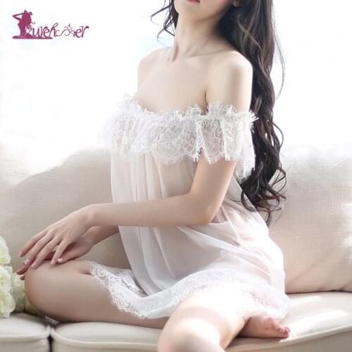 Lurehooker 2017 Sexy Lingerie Hot White Black Perspective Lace Gauze Babydoll Bare Shoulder Transparent Sleep Dress +T-thongs