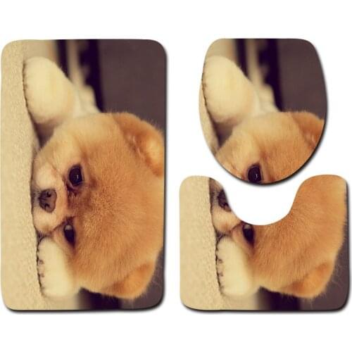 Lovely Dog Printed 3Pcs Toilet Bath Mats Set Absorbent Bathroom Carpets Set Non-slip Microfiber Floor Mats Shower Rugs Doormat