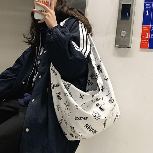 Women Large Shoulder Bag Graffiti Print Nylon Cloth Handbag Designer Tote Ladies Canvas Books Bags Big Shopping Bags For Girls