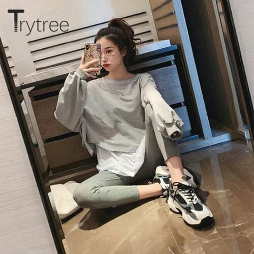 Trytree Spring Autumn Womens Sweatshirts Casual Harajuku Patchwork Panelled Womens Tracksuit Loose Oversized Pullovers Tops