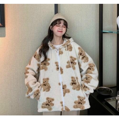 Oversized Hoodie Thick Lamb Wool Bear Coat Zipper Long Sleeve Harajuku Loose Kawaii Clothes Korea Sweatshirt Pocket Women Hoodie