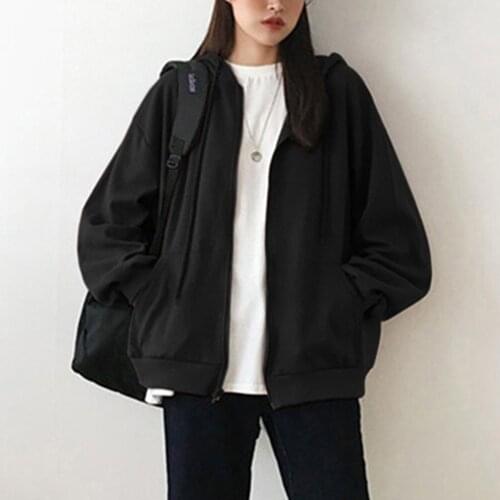 Harajuku Korean Version Hoodies Zip Up Hooded Sweatshirt Autumn Winter Loose Coat Solid Letter Vintage Student Girl Tops