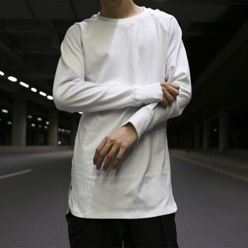 High street OVER SIZE loose solid color split long-sleeved T-shirt KANYE style plain color front short back long bottoming shirt