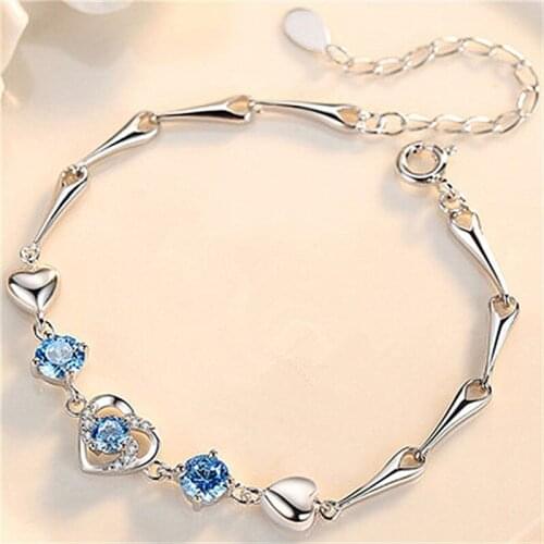 Top Quality Silver 925 Bracelet For Women Jewelry Shiny Zircon Heart Blue Bracelet Female Princess Birthday Gift Trendy Bracelet
