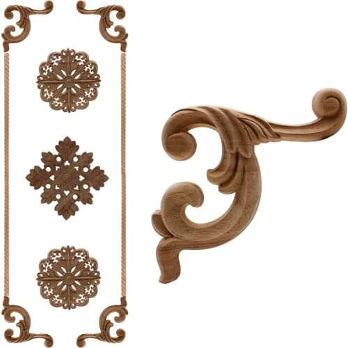 VZLX Floral Woodcarving Decal European Style Rubber Wood Carved Corner Applique Decor Frame Wall Doors Decorative Figurines