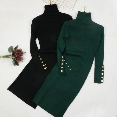 Turtleneck green black Casual Warm Woman Jumper Dresses Winter New Knitted Korean Thick 2021 Pollover Solid Sweater Dress Women
