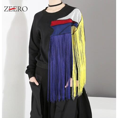 Spring Autumn Black Runway Women Tassel Sweatshirt Elegant Female Patchwork Long Sleeve Casual T Shirts Tops Blusas Streetwear