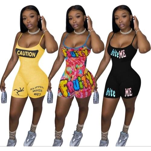 Cartoon Letter Print Sexy Spaghetti Strap Sleeveless Bodycon Jumpsuits Women Playsuits Summer 2021 Fashion Bodysuits Rompers
