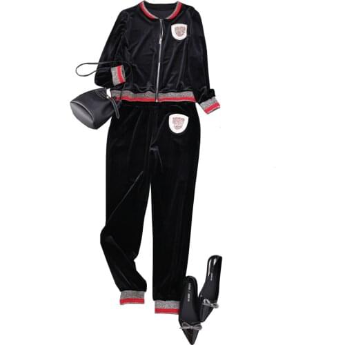 Spring Autumn Womens Velvet sweater suit High quality O-neck coat+casual pants 2piece ser leisure suit A799