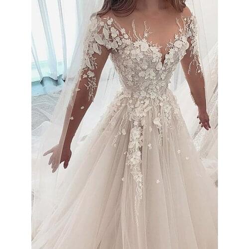 Vestidos De Novia 2020 Beading Button Sheer Back Bridal Gowns Ball Gown Lace Applique Wedding Dress Robe De Mariee