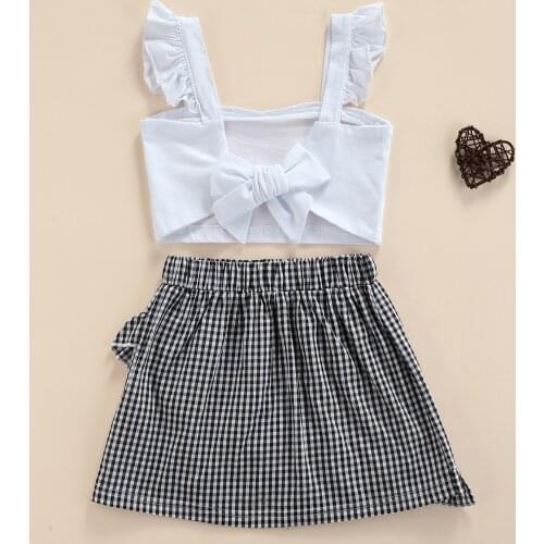 2Pcs Kids Summer Children Sleeveless Outfit Solid Color Sleeveless Crop Tops Vest + Plaid Elastic Waist Skirt Girls 3-8 Y