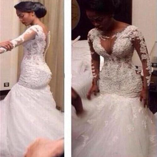 2016 Long Sleeve Lace Mermaid Wedding Dresses Sexy See Through Bridal Gown Custom Made vestidos de noiva Cap Sleeve