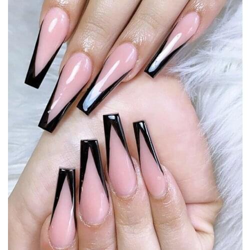 24pcs Black Pink Printed Nail Patch Coffin French Ballerina Acrylic for nails for Women Nail Art Decorations False Nails