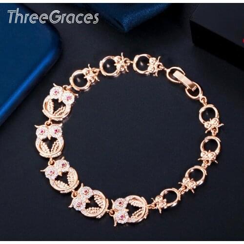 ThreeGraces Famous Brand Sparkling Owl Shape Mirco Pave CZ Stone Gold Color Charm Bracelet for Women Fashion Jewelry Gift BR139