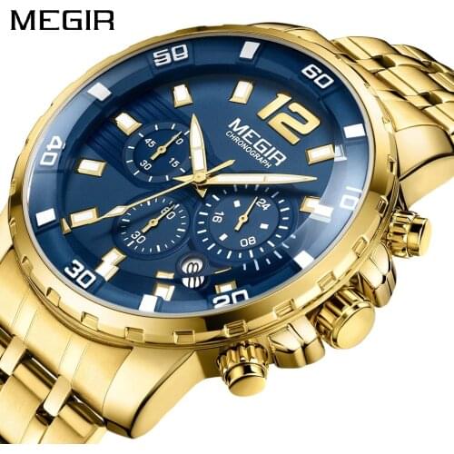Megir Mens Gold Stainless Steel Quartz Watches Business Chronograph Analgue Wristwatch for Man Waterproof Luminous 2068GGD-2N3