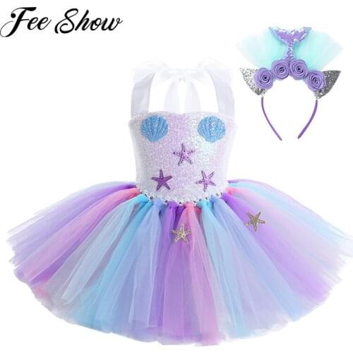 Kids Girls Mermaid Costume Halter Sequin Mesh Tutu Dress with Hair Hoop Halloween Cosplay Birthday Party Roleplay Outfit