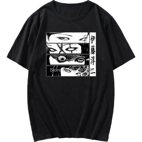 Japanese Comics Junji Ito Eyes Pattern Tshirt Men Women Spring Summer Pure Black T-shirt Male Super Hip Hop T Shirt