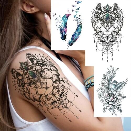 Wise Owl Fake Temporary Tattoo For Women Girl Bird Feather Flower Peony Tattoo Sticker Black Transferable Tatoos Chains Jewelry