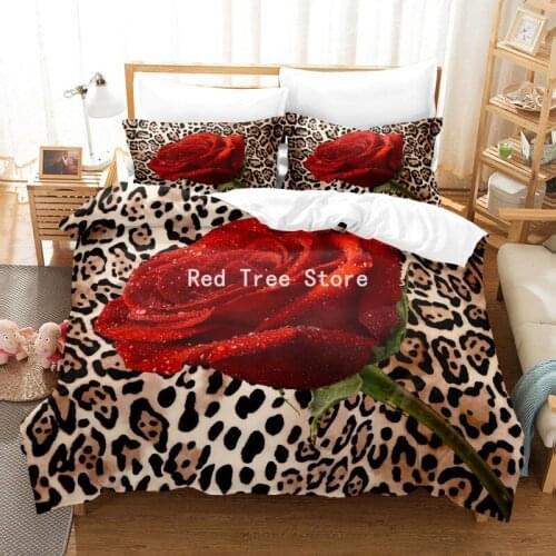 3D Print Leopard Red Rose Bedding Set Flower 2/3pcs Duvet Cover Bedclothes Luxury Queen King Single Double Size Comforter Quilt